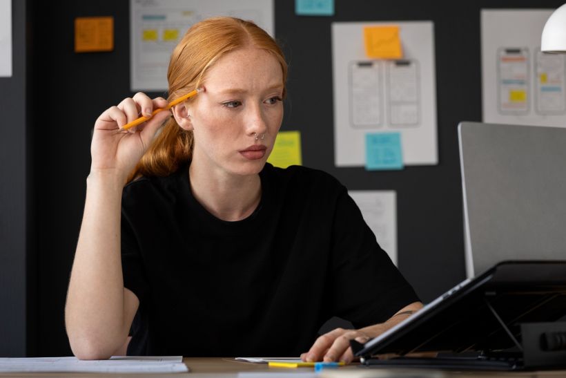 Confused female in the office with laptop.