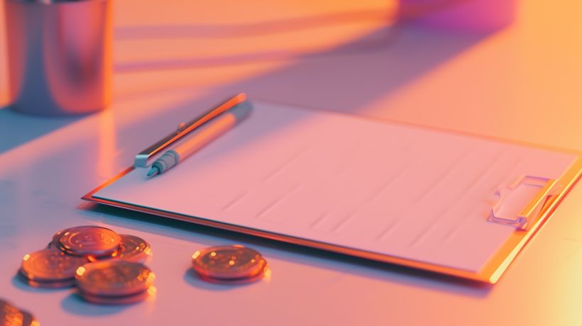 Una moderna configuraci&oacute;n de planificaci&oacute;n financiera con un portapapeles con un bol&iacute;grafo y monedas esparcidas sobre una mesa.