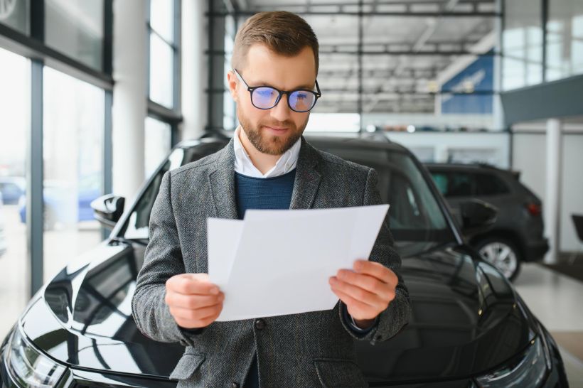 Un cliente masculino, comprador, vestido con traje, elige un automóvil para ir a ver, quiere comprar un automóvil nuevo.