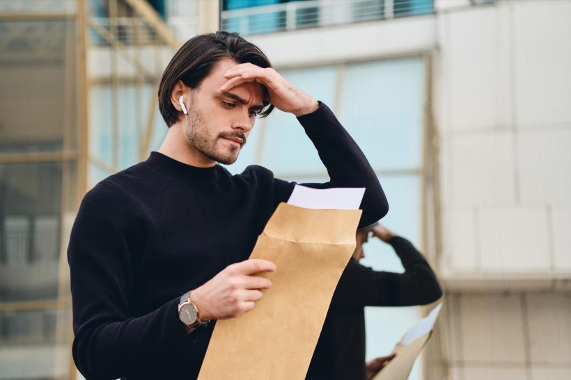 El joven mira los documentos con preocupación.