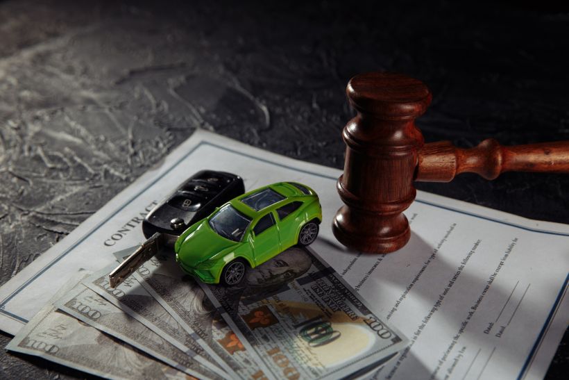 Mazo de juez de madera y coche de juguete verde con llaves sobre dinero.