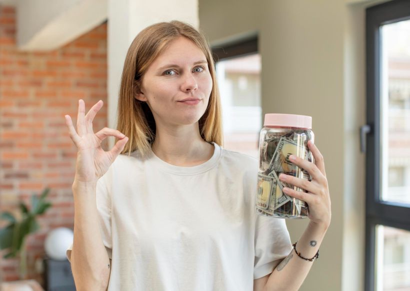 Joven mujer guapa sinti&eacute;ndose feliz y mostrando su aprobaci&oacute;n con un gesto de &laquo;okay&raquo; y billetes de d&oacute;lar.