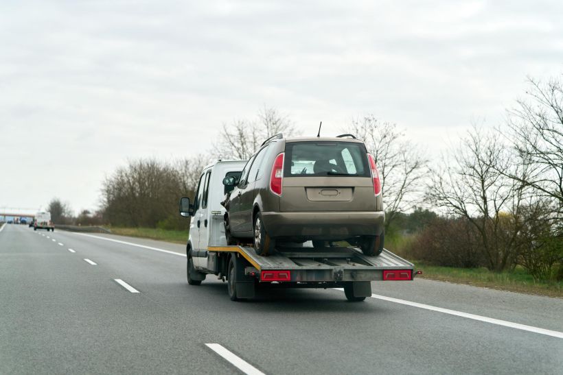 Coche averiado cargado en una plataforma para su transporte.