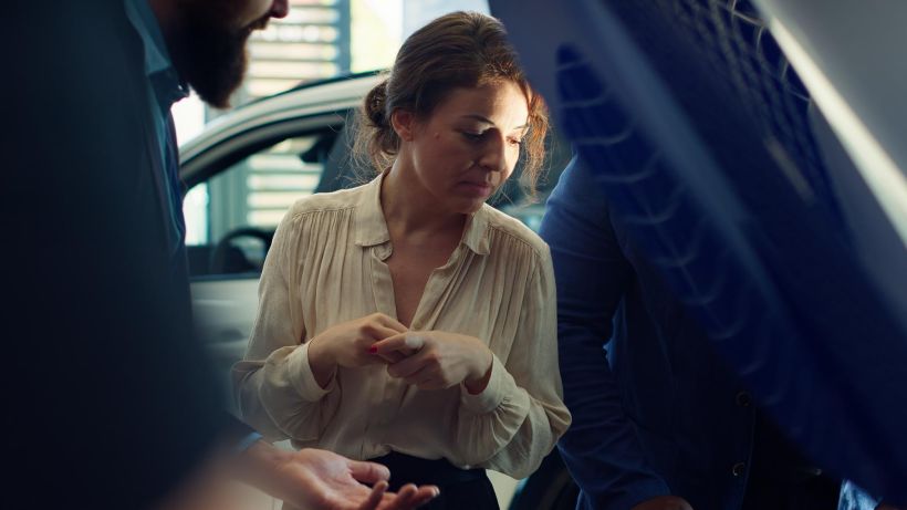 Agente de sala de exposici&oacute;n mostrando a los clientes los componentes del coche bajo el cap&oacute;.