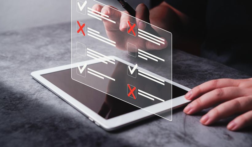 Una mujer de negocios utiliza una tableta digital para realizar una encuesta en l&iacute;nea. Lista de control con proyectos aprobados y rechazados.