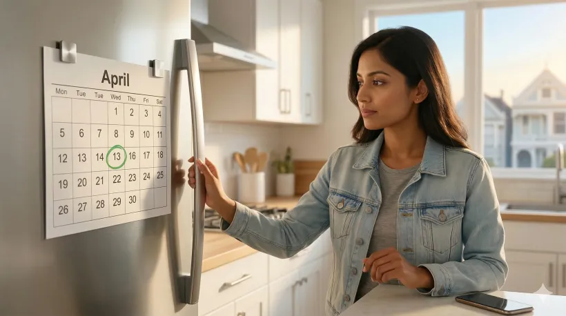 Women look at month-calendar on fridge, 13 april marked in green circle