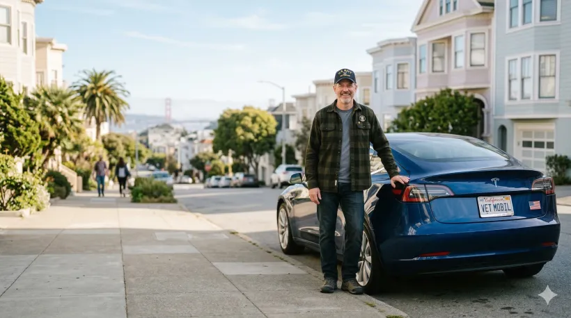A smiling U.S. veteran standing next to his car