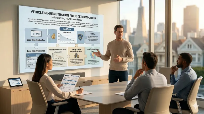 A person is giving a presentation to colleagues that includes an infographic on price formation