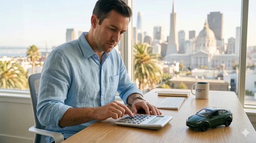 A man is calculating on a calculator, a toy car is on the table next to it