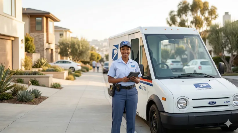 American postal operator driver standing in front of a postal truck