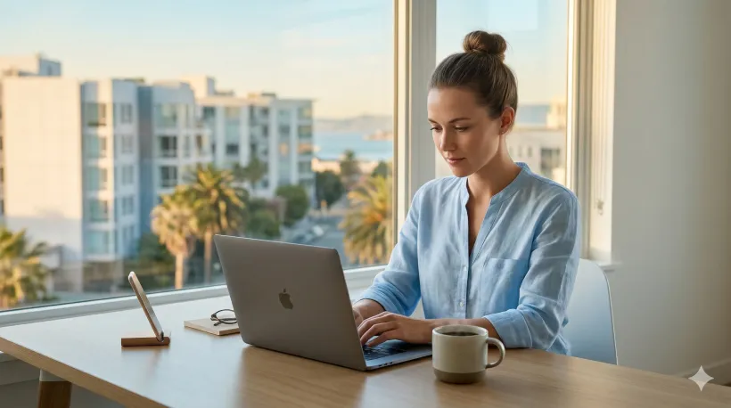 Mujer con una taza de caf&eacute; en su computadora port&aacute;til