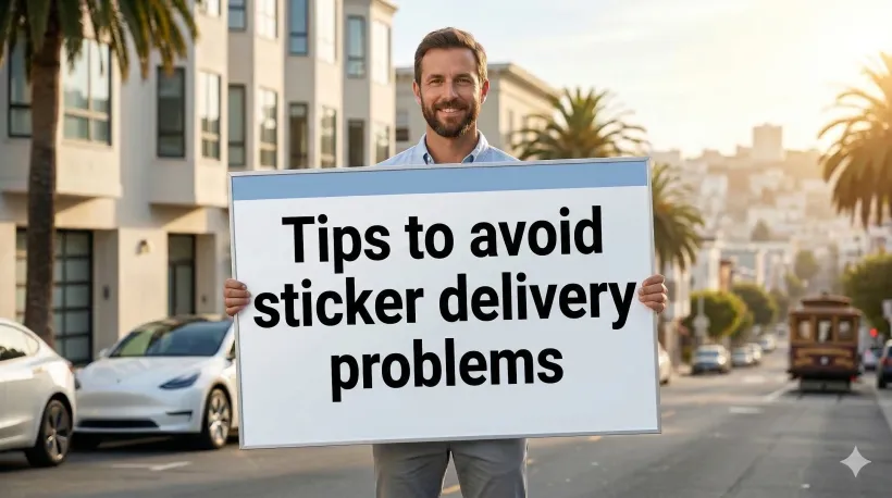 Un hombre sostiene un gran cartel con la inscripci&oacute;n "Consejos para evitar problemas con la entrega de pegatinas"