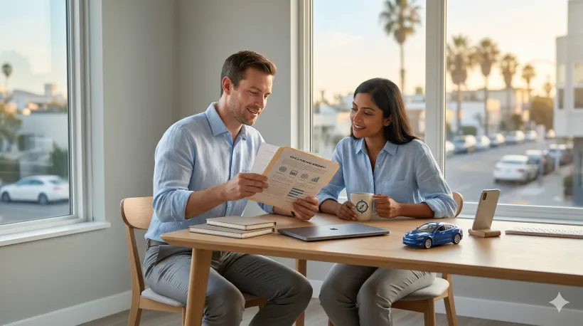 Car buyer and seller reviewing paperwork