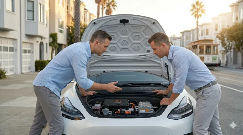 Two men leaning over the open hood of a car