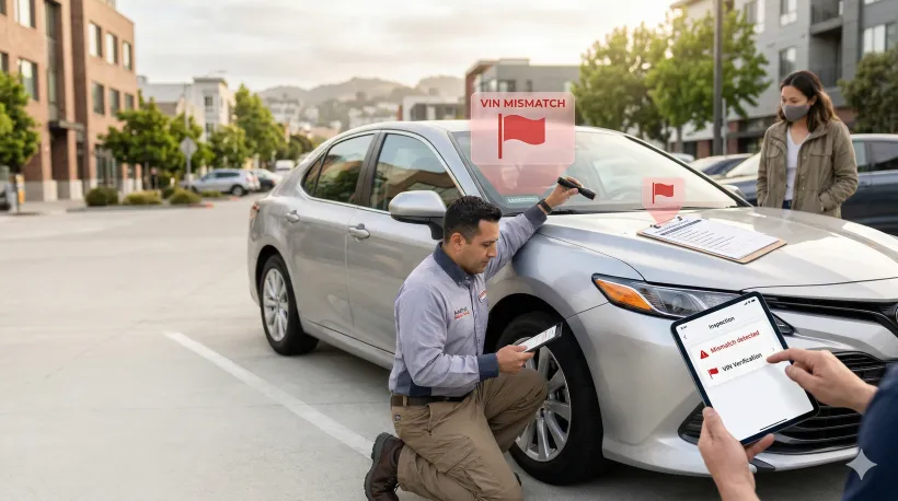 Used car inspection with red flag icons