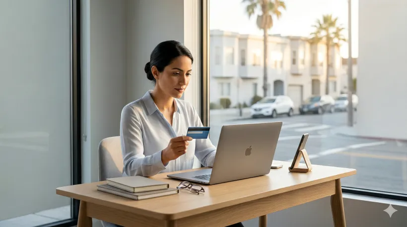 Mujer sentada frente a una laptop y sosteniendo una tarjeta de crédito