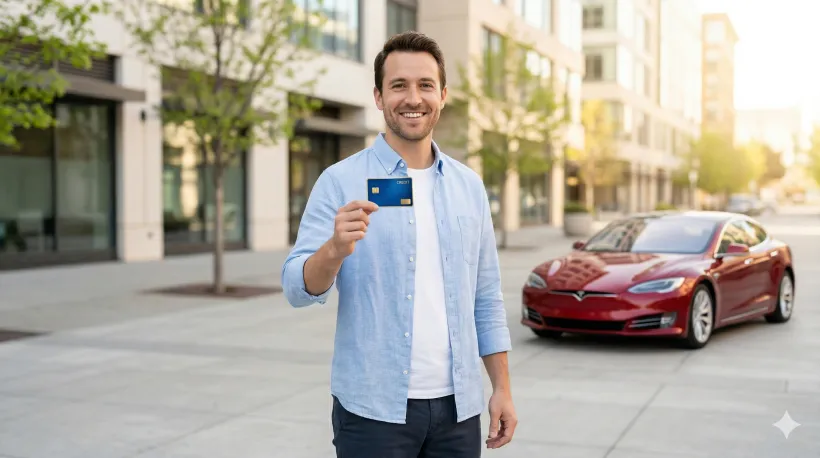 A man smiles and shows his credit card
