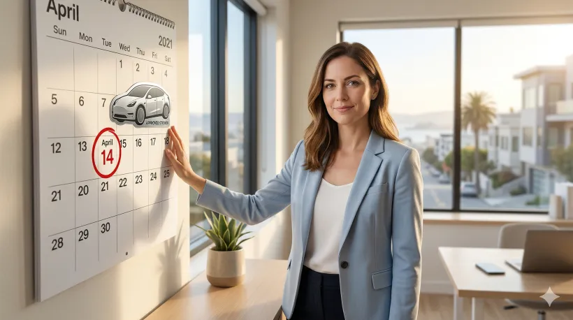 Una mujer est&aacute; de pie junto a un calendario en el que aparece marcado el 14 de abril y pegada una pegatina de coche