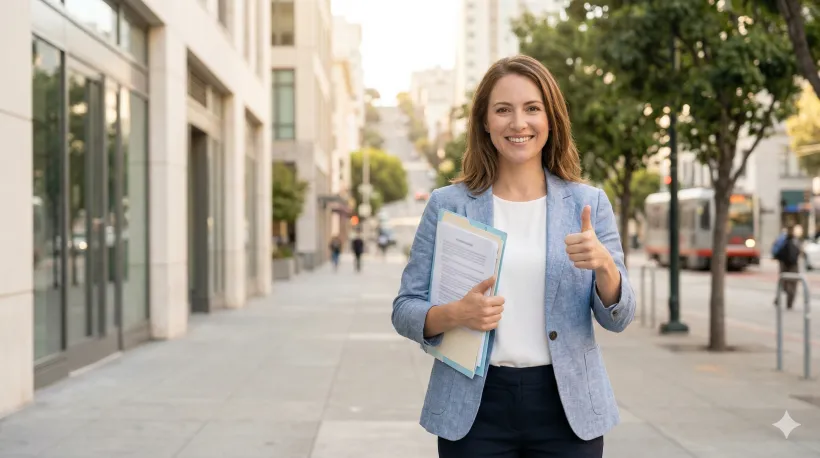 Una mujer sonriente sostiene una carpeta con documentos y levanta el pulgar en se&ntilde;al de aprobaci&oacute;n