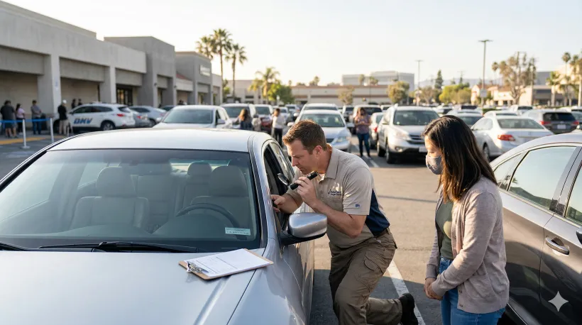 A vehicle inspector checking VIN plate on car