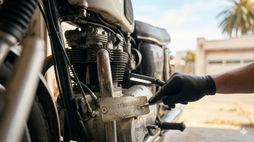 Mechanic inspecting hidden or hard-to-reach VIN on motorcycle or old vehicle
