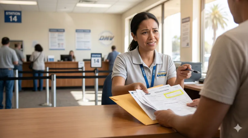 Empleado del DMV devolviendo la documentaci&oacute;n incompleta al conductor