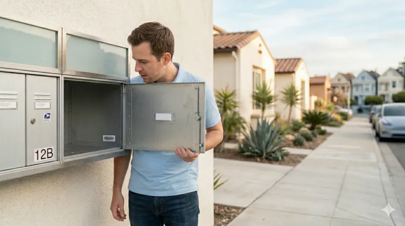 Driver opening mailbox with missing notice