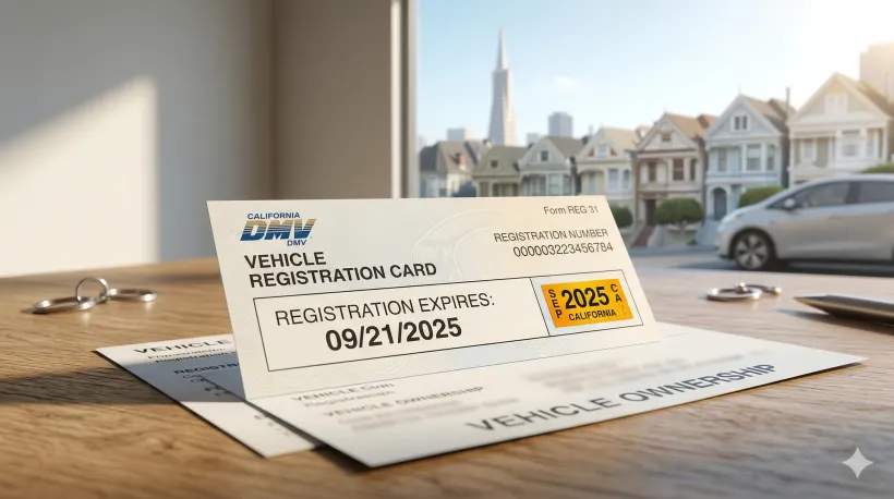 Primer plano de una tarjeta de matriculaci&oacute;n de California con la fecha de renovaci&oacute;n y la pegatina