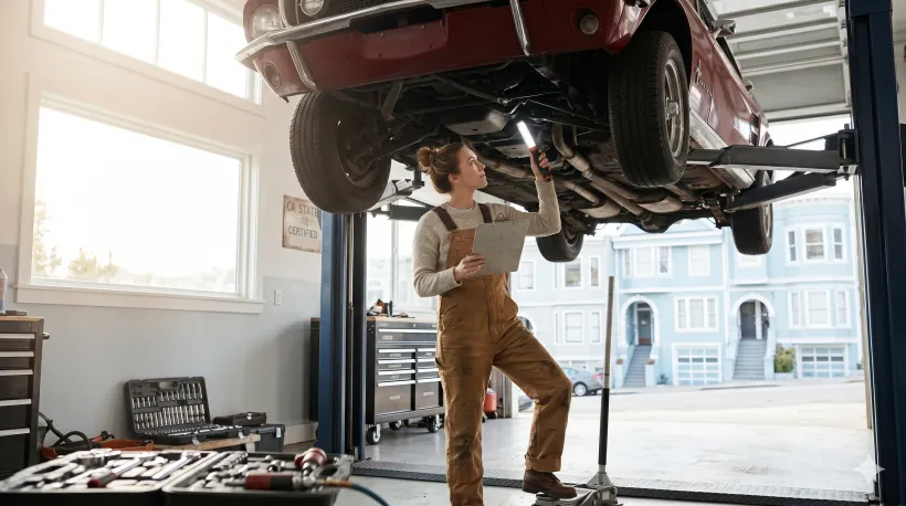 A mechanic in a California smog check station garage