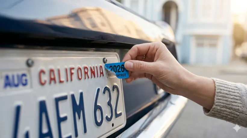 A person's hand peeling a new registration sticker and applying it to a license plate on their car