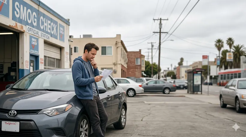 Una persona de pie junto a su carro afuera de una estación de smog check