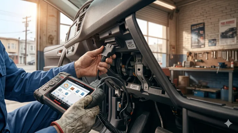 Primer plano de las manos de un mecánico conectando un escáner de diagnóstico OBD-II al puerto de un carro
