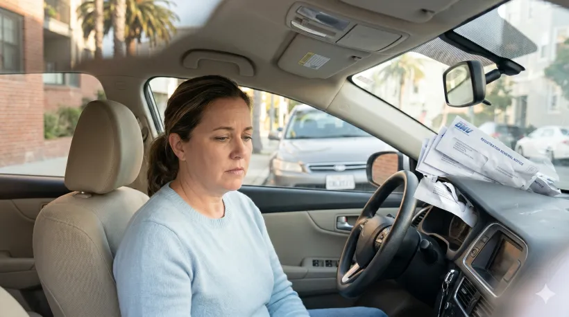 A person sitting in the driver's seat of a parked car
