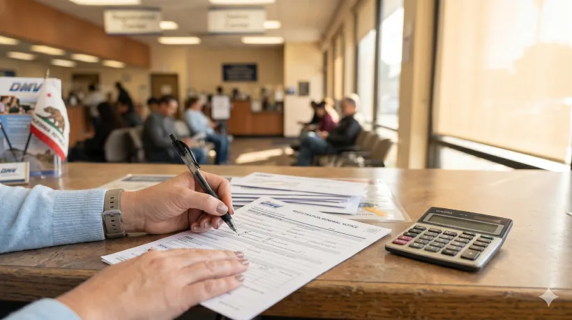 Close-up of hands using a pen to fill out paperwork at a DMV counter