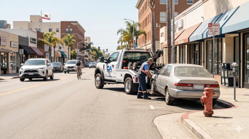 A tow truck operator attaching a car to the lift