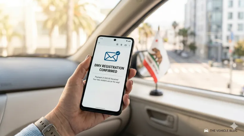 Un primer plano de la mano de una persona sosteniendo un smartphone que muestra una confirmación por correo electrónico