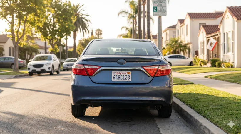 Un carro estacionado en una calle residencial de California