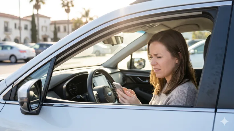 A person is sitting in a car in a parking lot, staring at their phone with a mildly confused expression