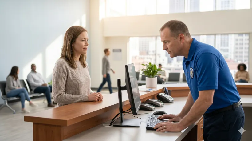 A DMV employee at a counter is looking at a computer screen