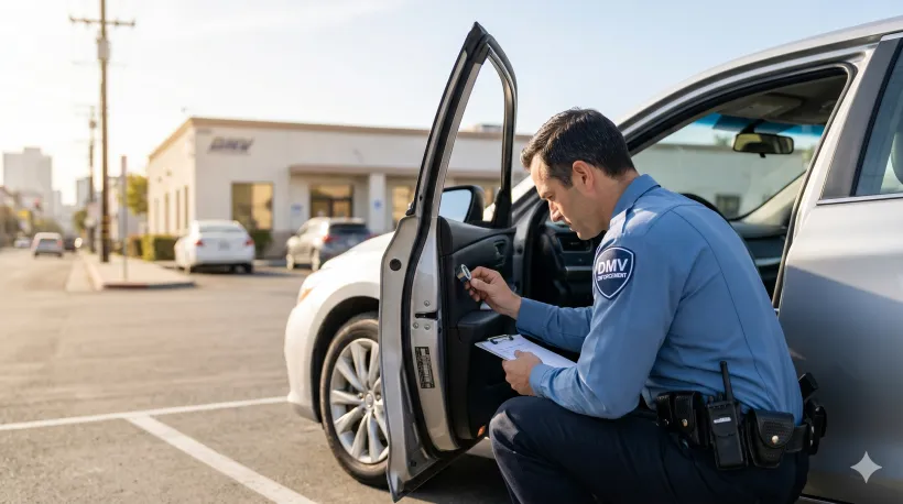 Un agente uniformado o un empleado de la DMV se agacha junto al marco de la puerta del lado del conductor de un coche, examinando la placa del n&uacute;mero de bastidor