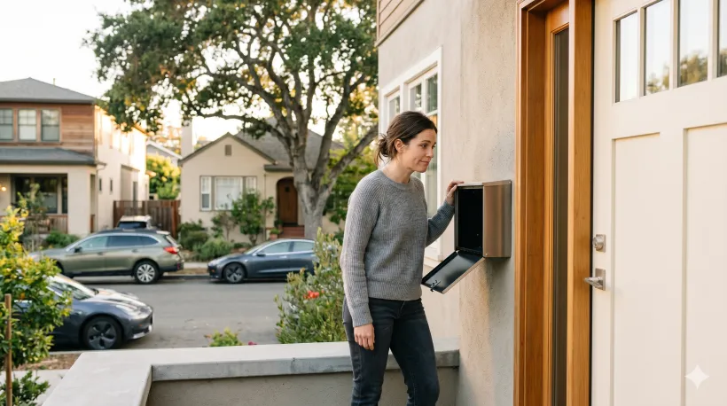 A person standing at their front door, looking into an empty mailbox