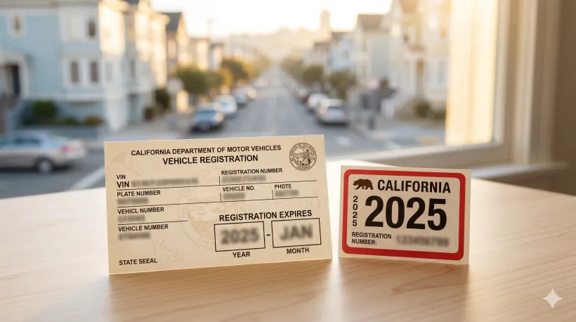 Primer plano de una tarjeta de registraci&oacute;n de veh&iacute;culo de California y un esticker para la placa