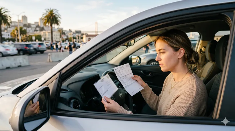 A person sitting in their car in a parking lot, holding an insurance card and a DMV notice