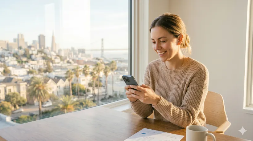 A person looking at their phone with a relieved, satisfied expression