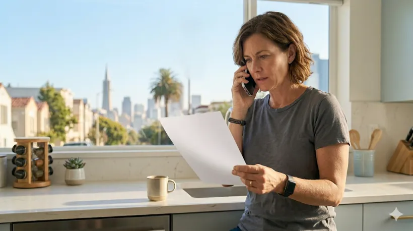 A person on the phone at their kitchen counter, looking at a letter they're holding