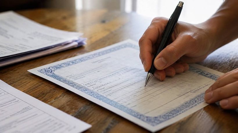 Close-up of a person signing paperwork for selling a car without a title in California