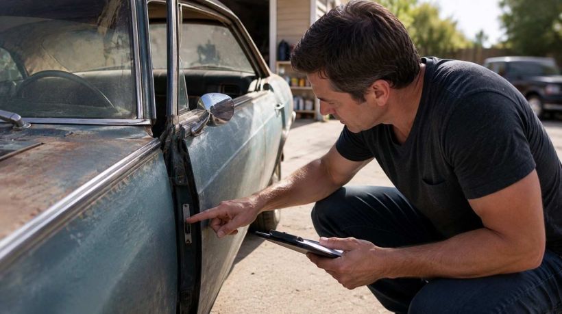 A man checks the car's VIN on the door jamb to apply for a bonded title California