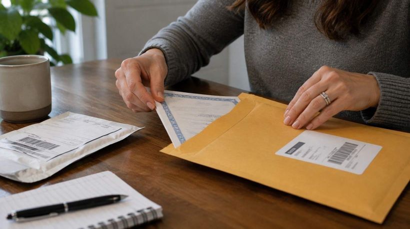 A woman slides a vehicle certificate into an envelope for a Title Transfer vs Registration Renewal step