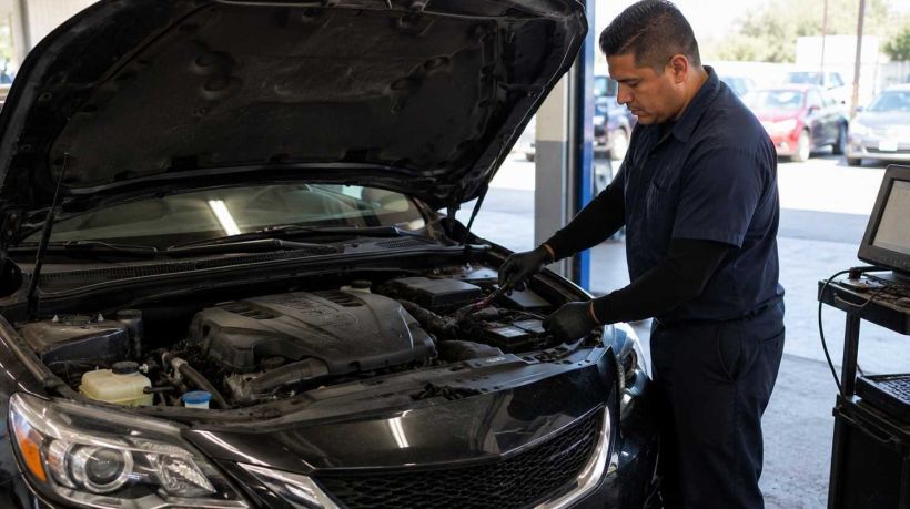 A mechanic inspects a vehicle engine, a key task when comparing Title Transfer vs Registration Renewal