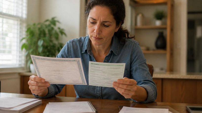 A woman compares vehicle documents to complete an out of state title transfer california